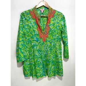 Lilly Pulitzer sarasota top tunic green beaded beach resort vacation women M New